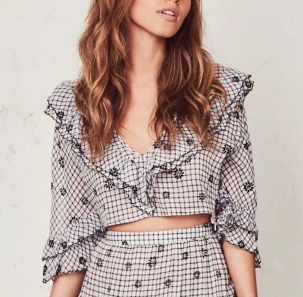 LoveShackFancy Blake Cropped Floral Ruffle Blouse Black White Women's size Large